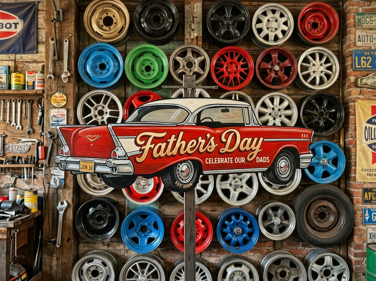 Father's Day sign in the shape of a classic car