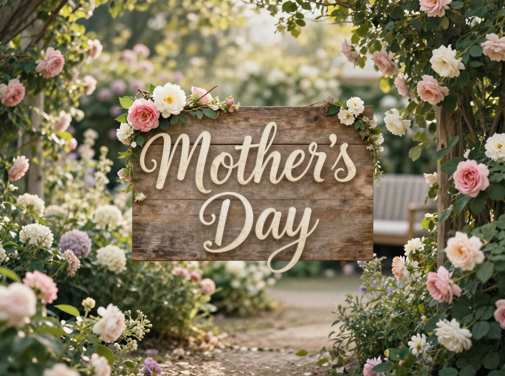 Mother's Day sign in a garden path full of roses.