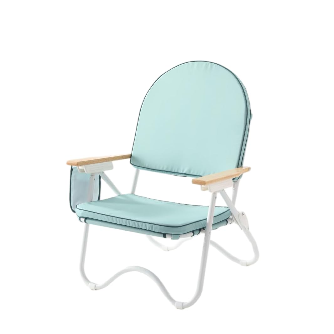 Padded Low Beach Chair, 4-Position Folding Outdoor Chair with Wooden Armrests, Cushioned Seat, Storage Pouch & Carry Strap for Beach, Patio and Lawn, Cala Serena Ochre Stripe