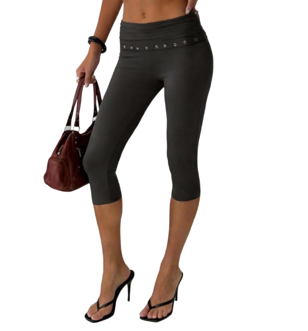 Women Y2k Low Rise Capris Button Grommet Foldover Capri Leggings Split Skinny Cropped Pants Going Out Capris Yoga Pants