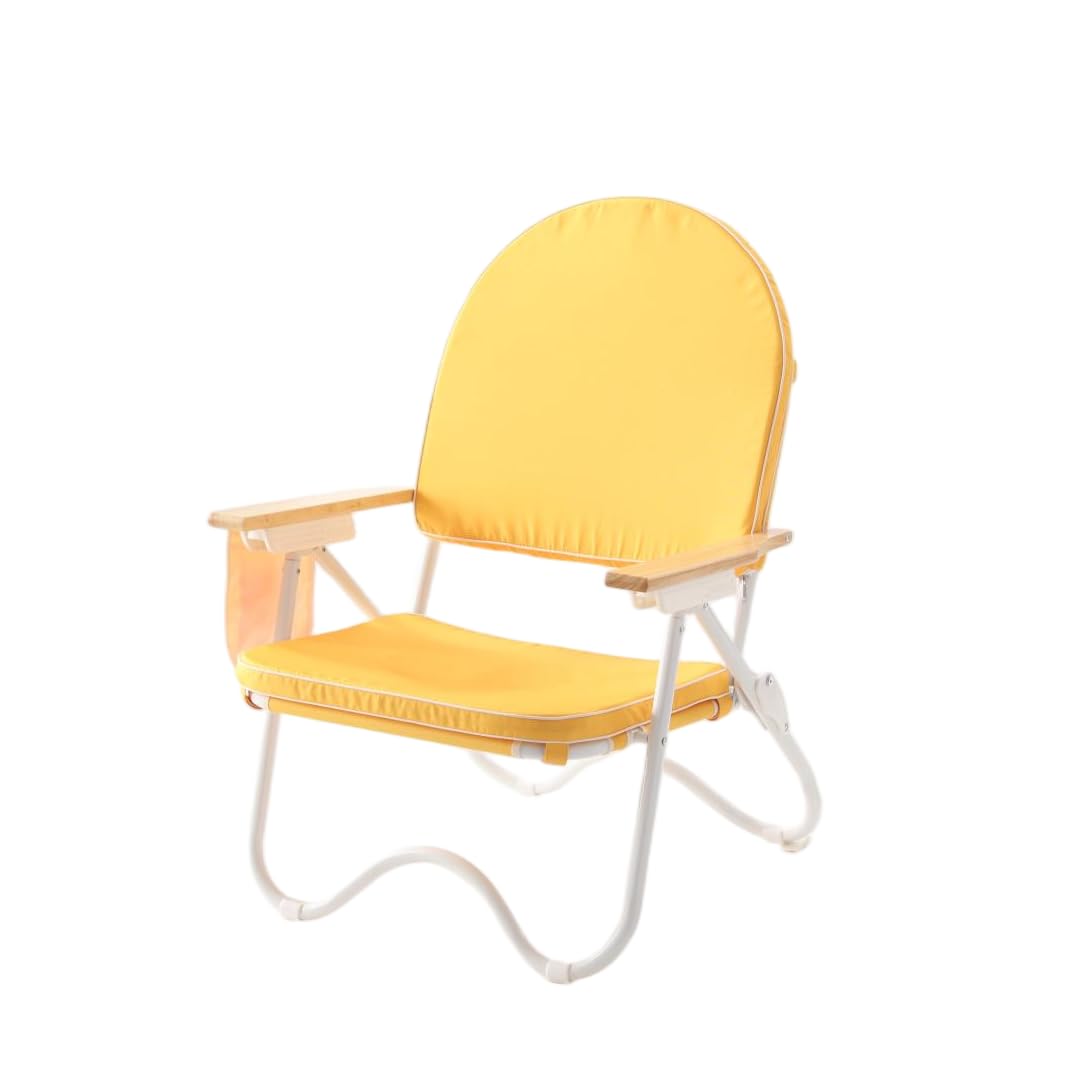 Padded Low Beach Chair, 4-Position Folding Outdoor Chair with Wooden Armrests, Cushioned Seat, Storage Pouch & Carry Strap for Beach, Patio and Lawn, Cala Serena Ochre Stripe