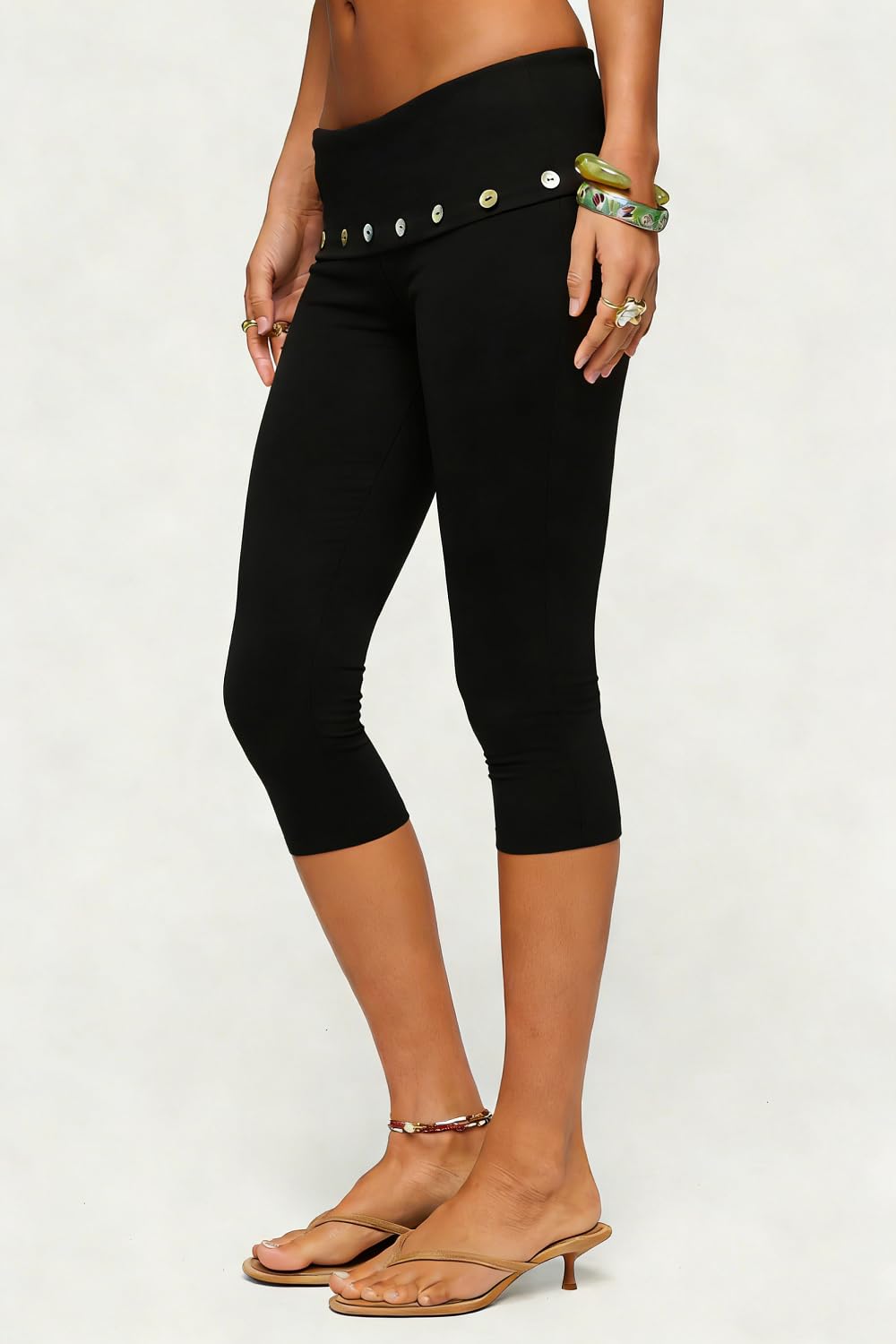 Women Y2k Low Rise Capris Button Grommet Foldover Capri Leggings Split Skinny Cropped Pants Going Out Capris Yoga Pants
