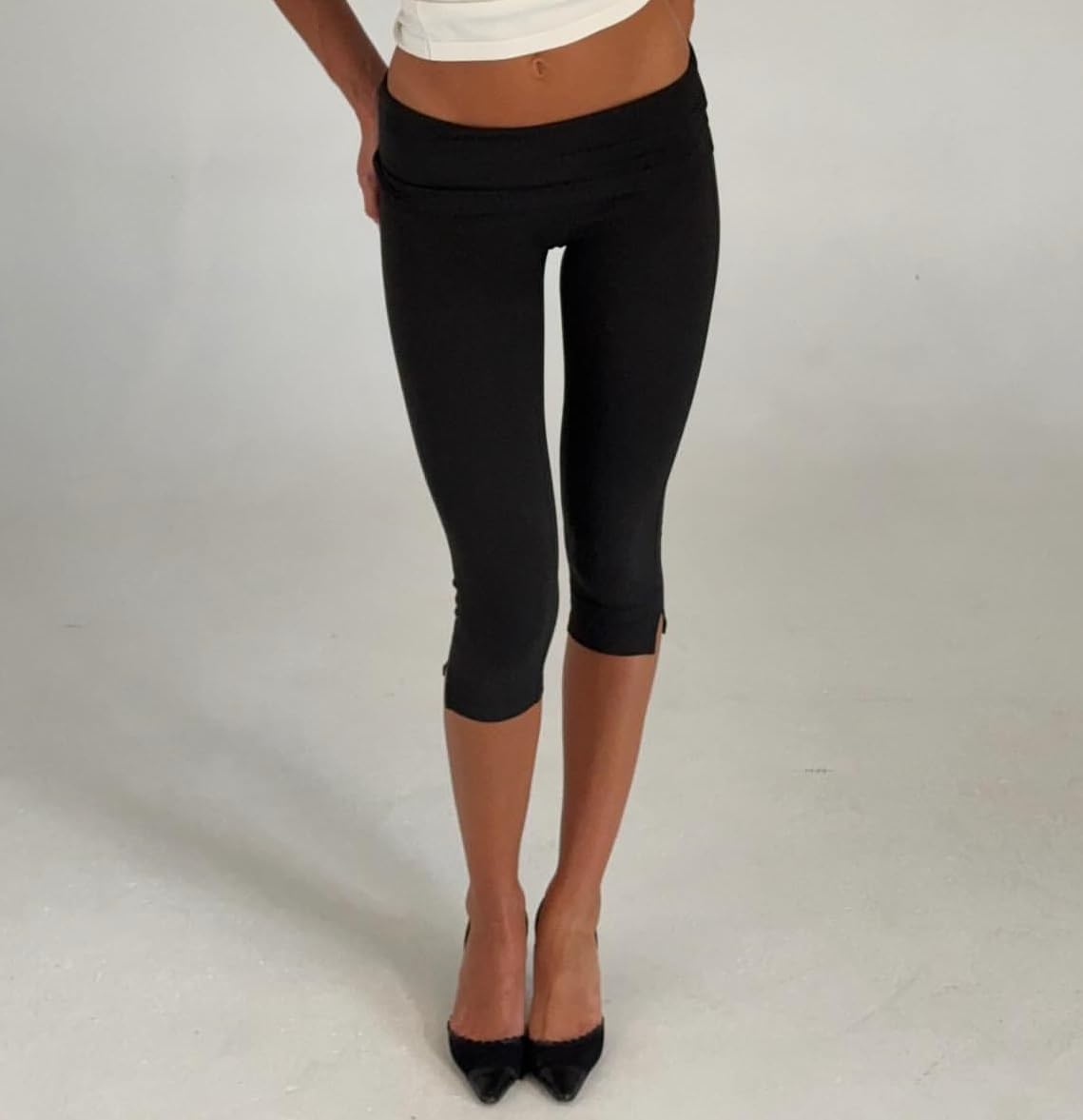 Women Y2k Low Rise Capris Button Grommet Foldover Capri Leggings Split Skinny Cropped Pants Going Out Capris Yoga Pants