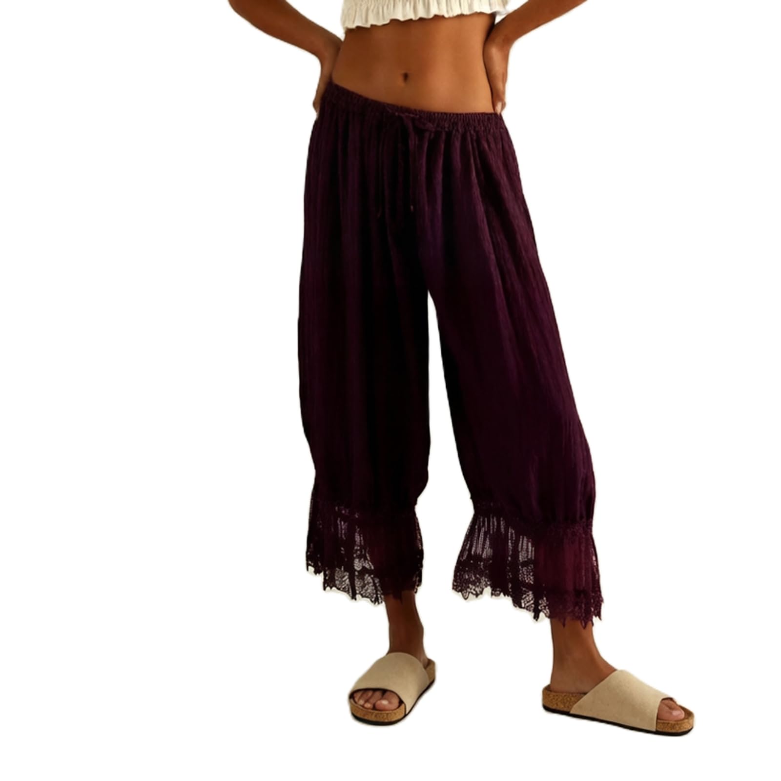 Women Bloomers Pants Y2K Flare Lace Trim Vintage Pantaloons Cute Ruffled Pumpkin Pants Capri Pajama Bottoms