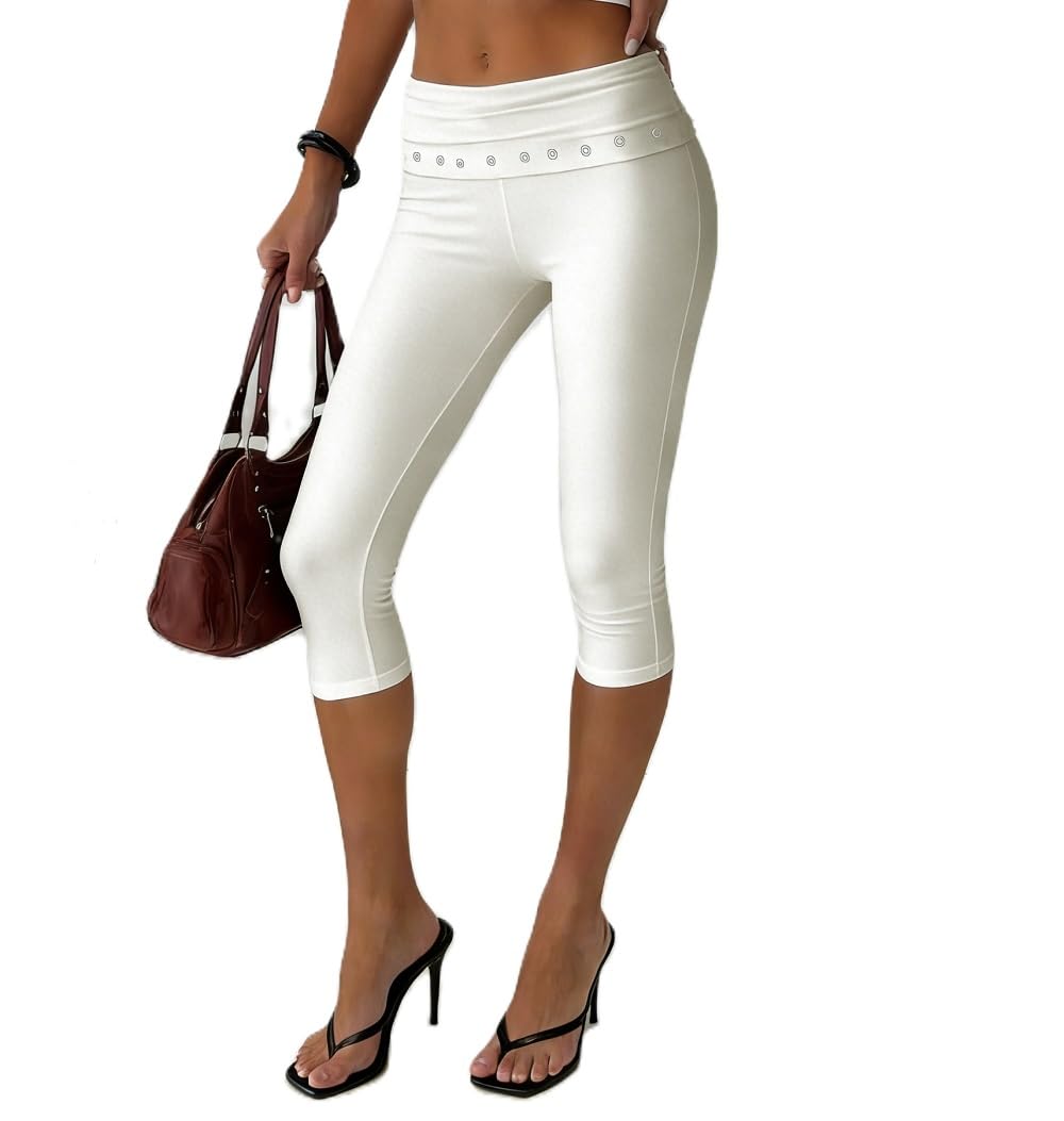 Women Y2k Low Rise Capris Button Grommet Foldover Capri Leggings Split Skinny Cropped Pants Going Out Capris Yoga Pants