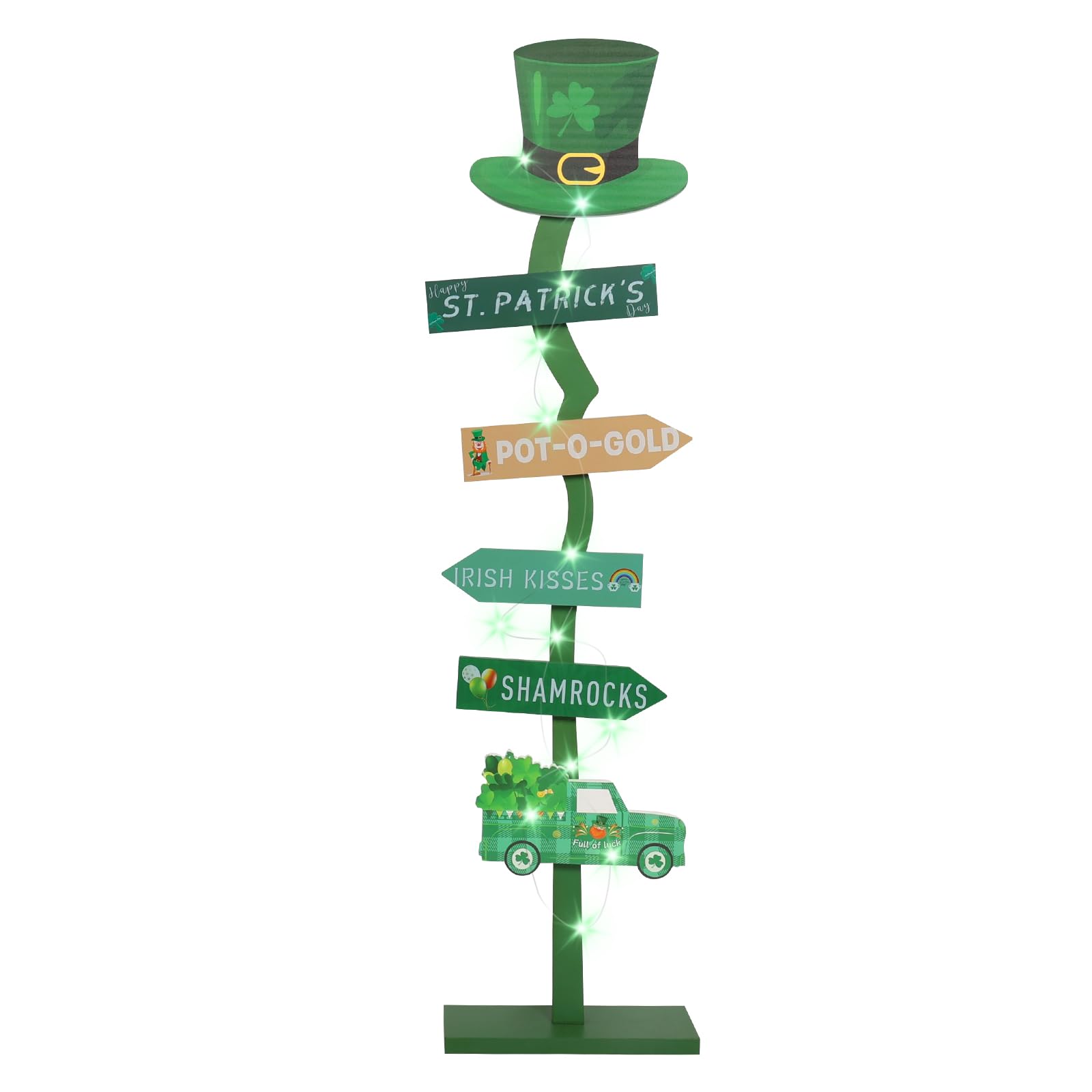 43.8" Lighted Wooden St. Patrick's Day Porch Sign Leprechaun Hat Shamrock Irish Train Standing Signs With Base For Indoor Outdoor Yard Decor