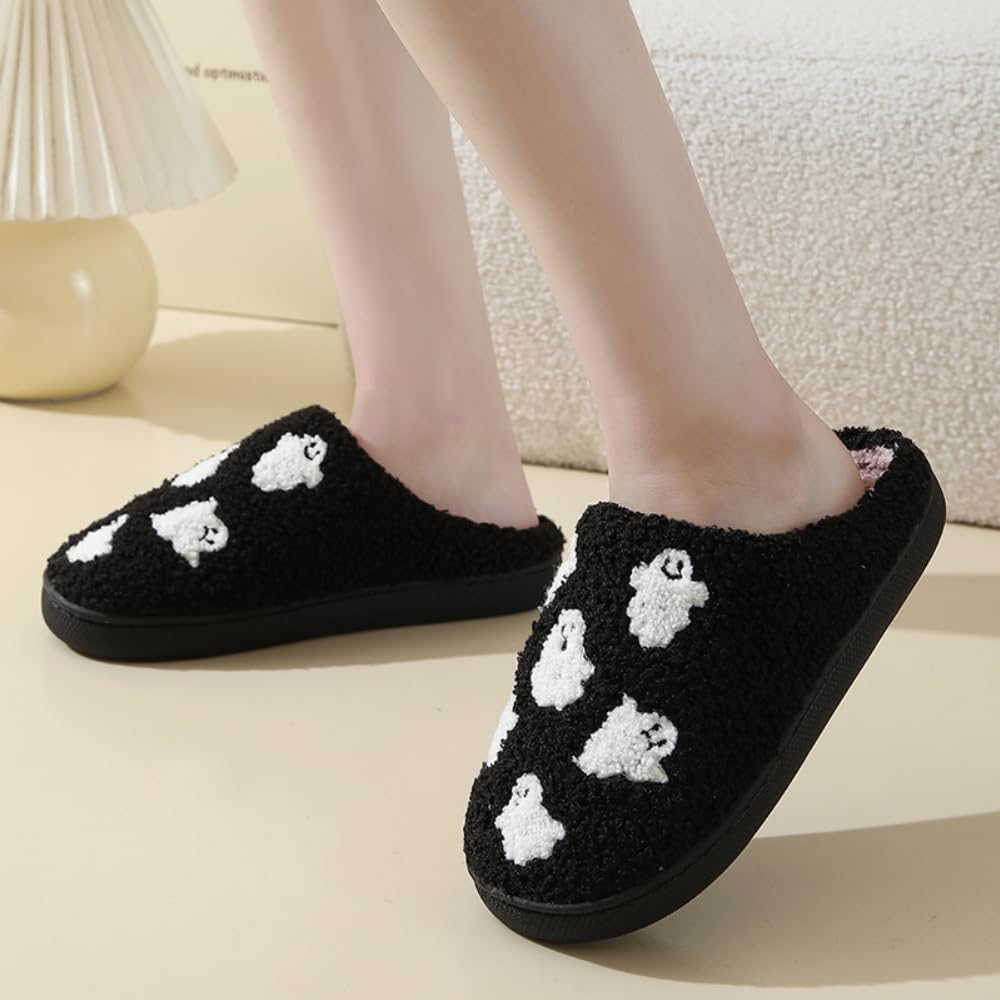 Halloween Slippers for Women Retro Soft Cozy Comfy Plush Lightweight Slip-on Indoor Outdoor Anti-Skid Sole Christmas House Shoes