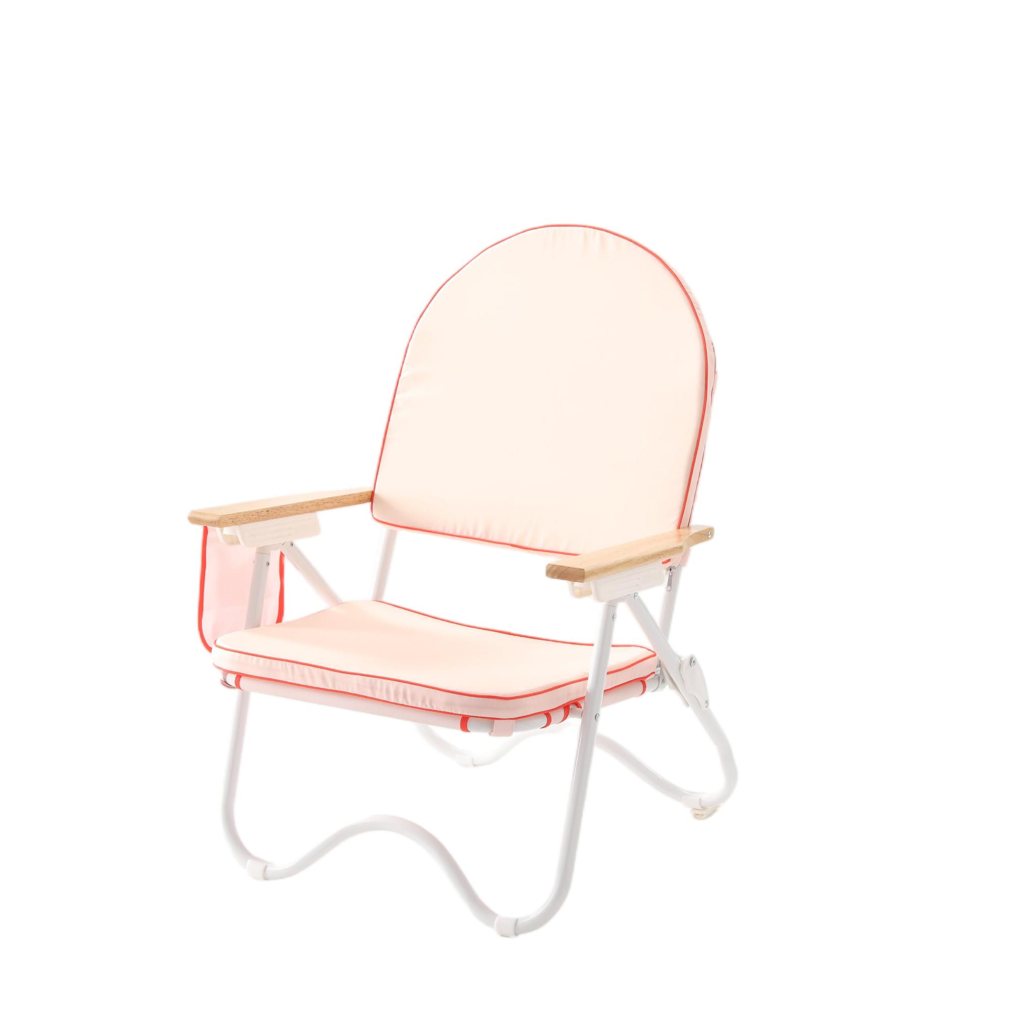 Padded Low Beach Chair, 4-Position Folding Outdoor Chair with Wooden Armrests, Cushioned Seat, Storage Pouch & Carry Strap for Beach, Patio and Lawn, Cala Serena Ochre Stripe