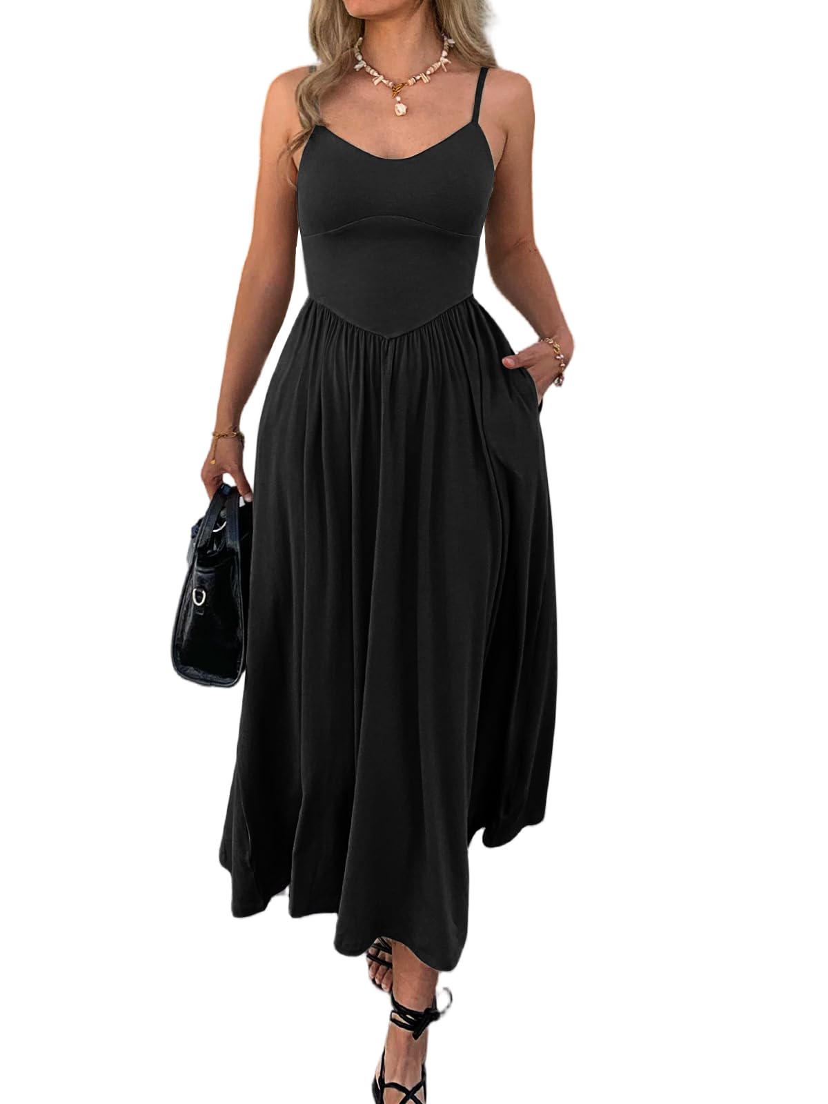 Womens Spaghetti Strap Maxi Dresses Summer Casual Sleeveless A Line Long Flowy Dress with Pockets Beach Sundresses