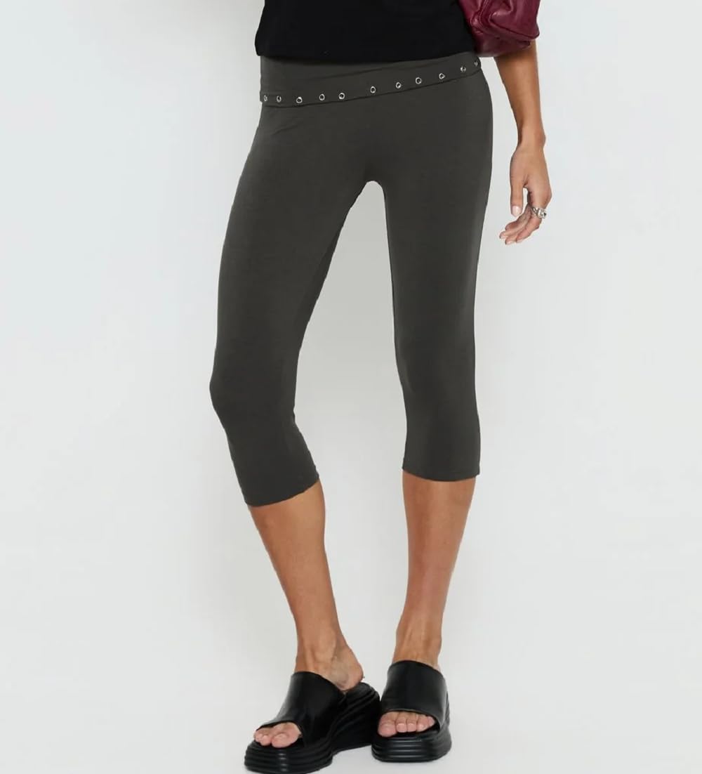 Women Y2k Low Rise Capris Button Grommet Foldover Capri Leggings Split Skinny Cropped Pants Going Out Capris Yoga Pants