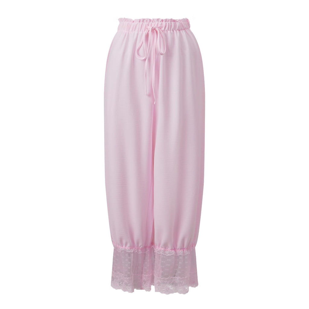 Women Bloomers Pants Y2K Flare Lace Trim Vintage Pantaloons Cute Ruffled Pumpkin Pants Capri Pajama Bottoms