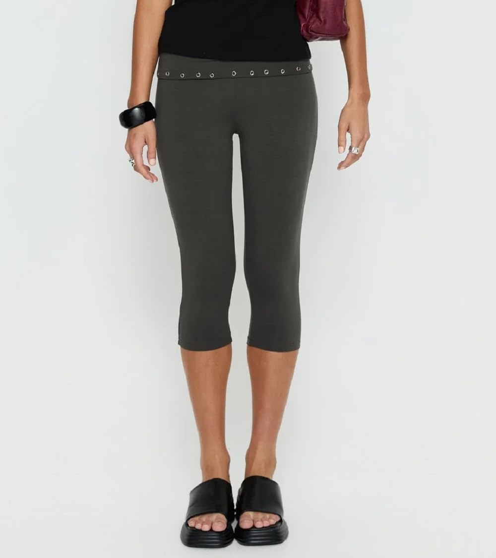 Women Y2k Low Rise Capris Button Grommet Foldover Capri Leggings Split Skinny Cropped Pants Going Out Capris Yoga Pants