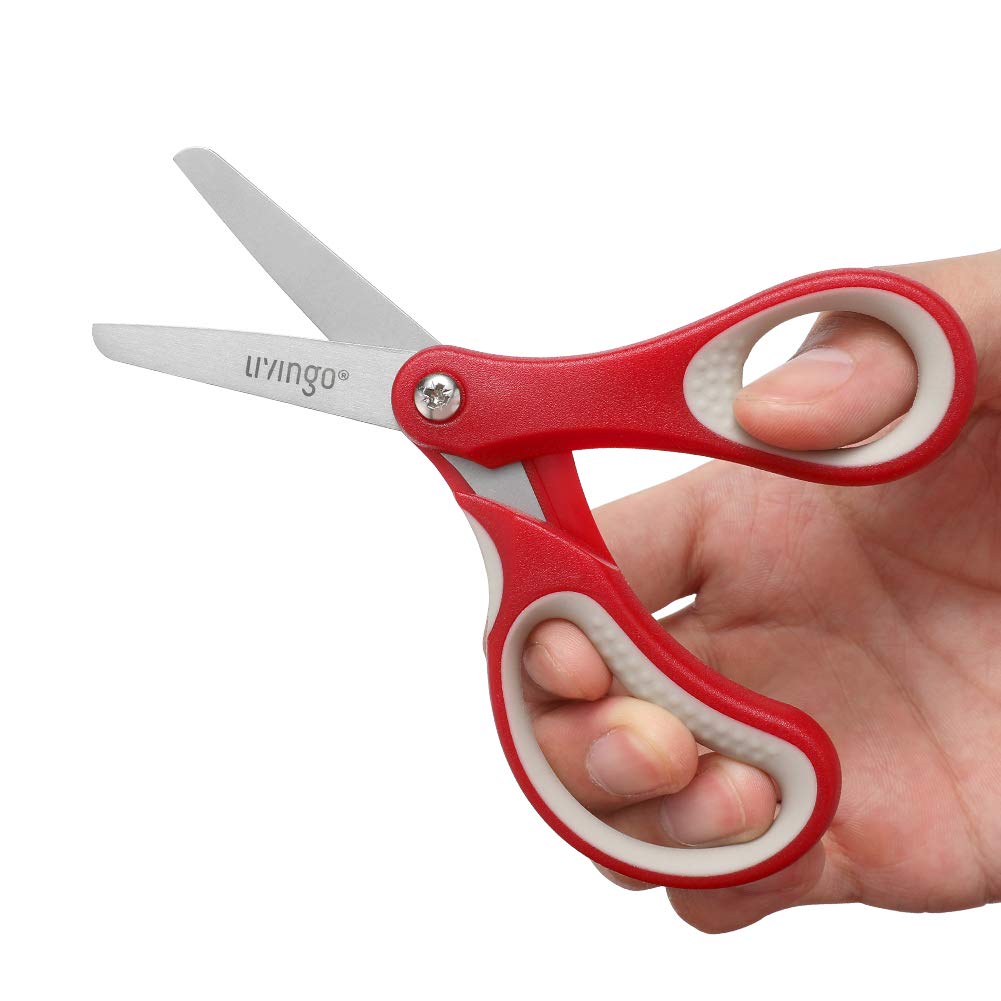 LIVINGO 5" Small School Student Blunt Kids Craft Scissors, Sharp Stainless Steel Blades Safety Comfort Grip for Children Cutting Paper, Assorted Color, 3 Pack