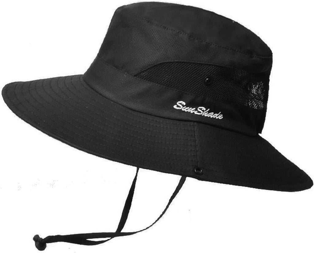 Womens Summer Sun Hat Beach Hat Wide Brim Outdoor UV Protection Hat Packable Mesh Bucket Hat with Ponytail Hole