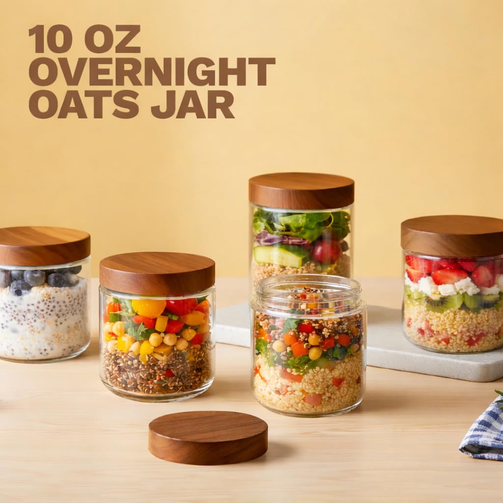 Bumobum 10 oz Small Glass Jars with Lids, Glass Container with Acacia Wood Airtight Lid, Wide Mouth Canisters for Chia Pudding Loose Tea Coffee Meal Prep Parfait Salad Snacks Yogurt Spice, 4-Pack