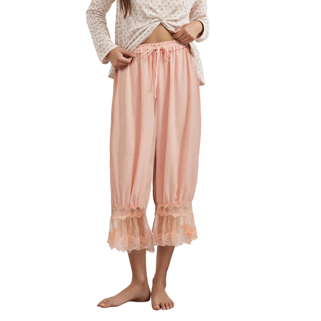 Women Lace Trim Long Bloomers Y2k Elastic Mid Rise Floral Ruffle Pantaloons Flared Slips Pants Pajama Bottoms