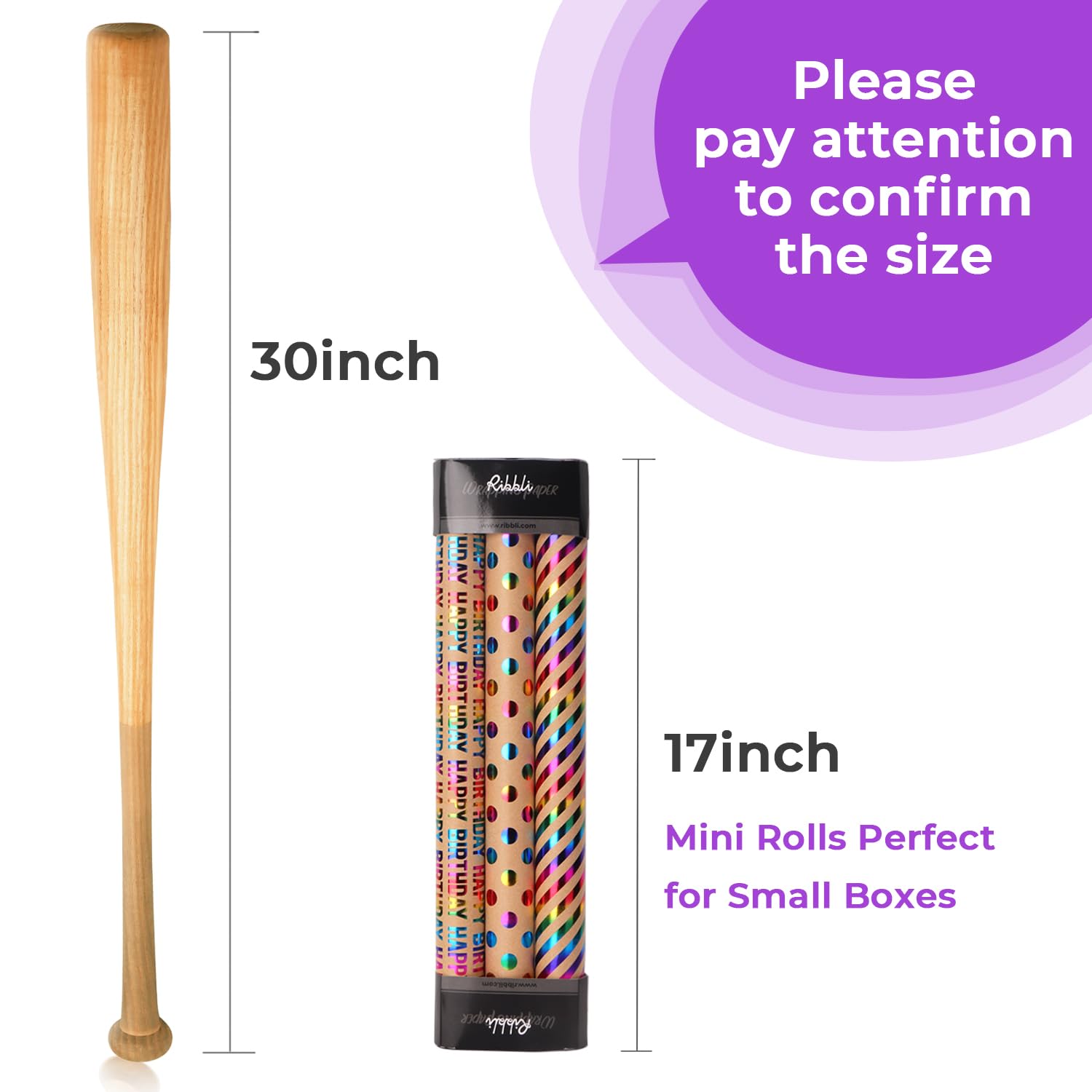 Ribbli Birthday Wrapping Paper Iridescent Gift Wrapping Paper Mini Roll, 3 Rolls Happy Birthday Polka Dots Stripes Printed Assortment - 17 inch x 120 inch(10feet) Per Roll