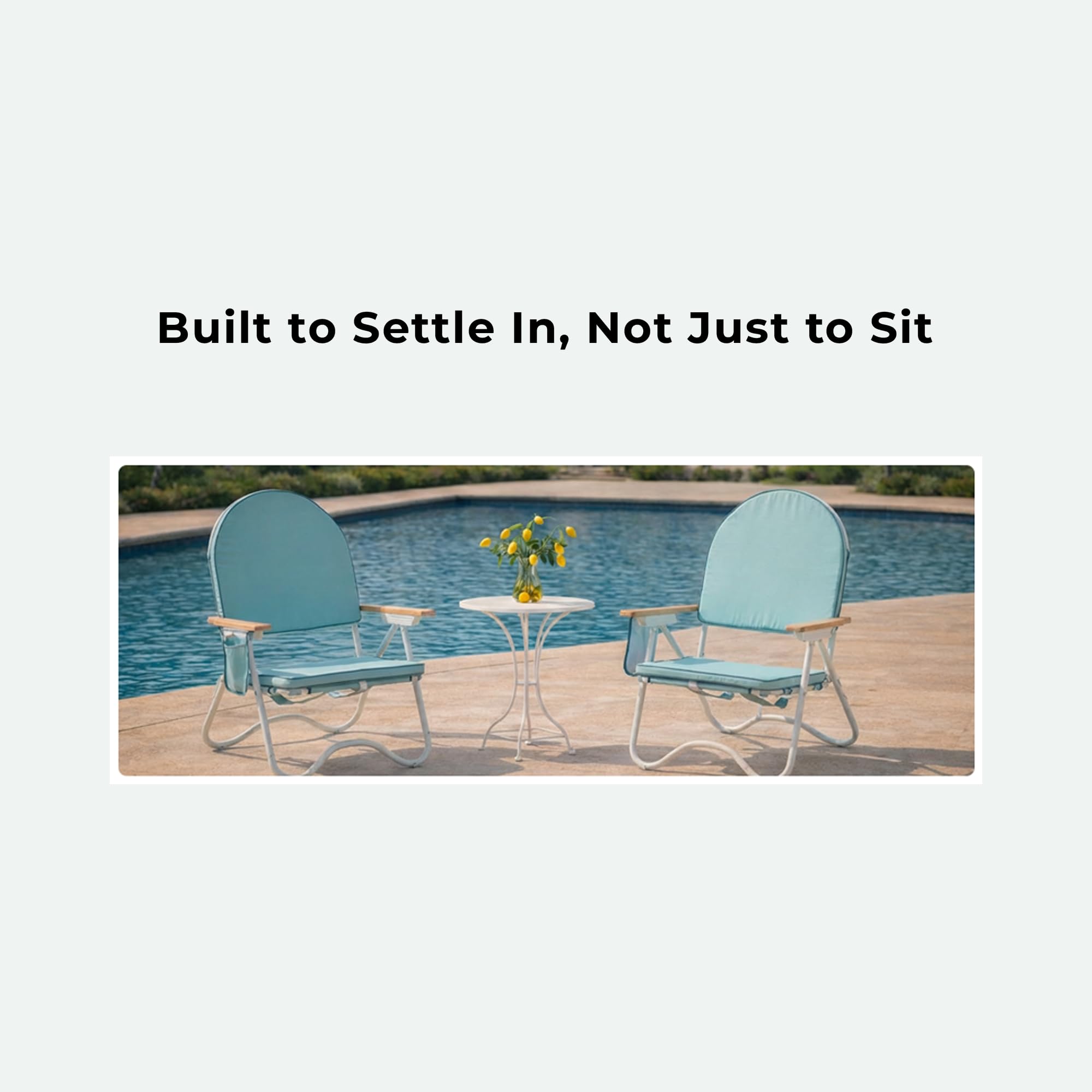 Padded Low Beach Chair, 4-Position Folding Outdoor Chair with Wooden Armrests, Cushioned Seat, Storage Pouch & Carry Strap for Beach, Patio and Lawn, Cala Serena Ochre Stripe
