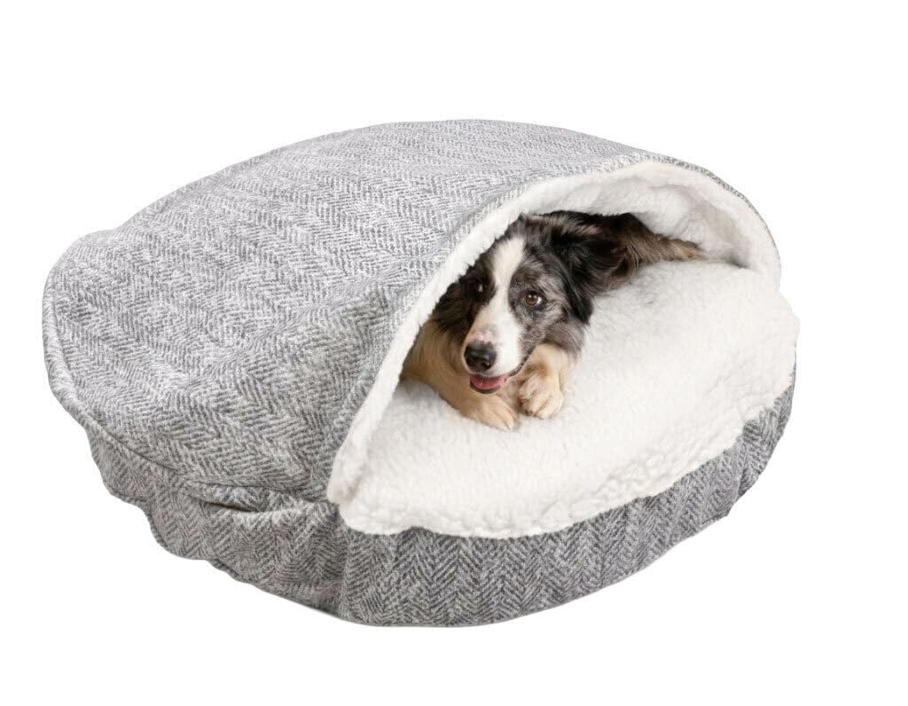 Snoozer Cozy Cave Dog Bed - Indoor Dog Bed with Cover Cave, Covered Calming Burrow for Small Sized Pets with Blanket Attached, Enclosed, Removable Washable Cover - Small, Navy