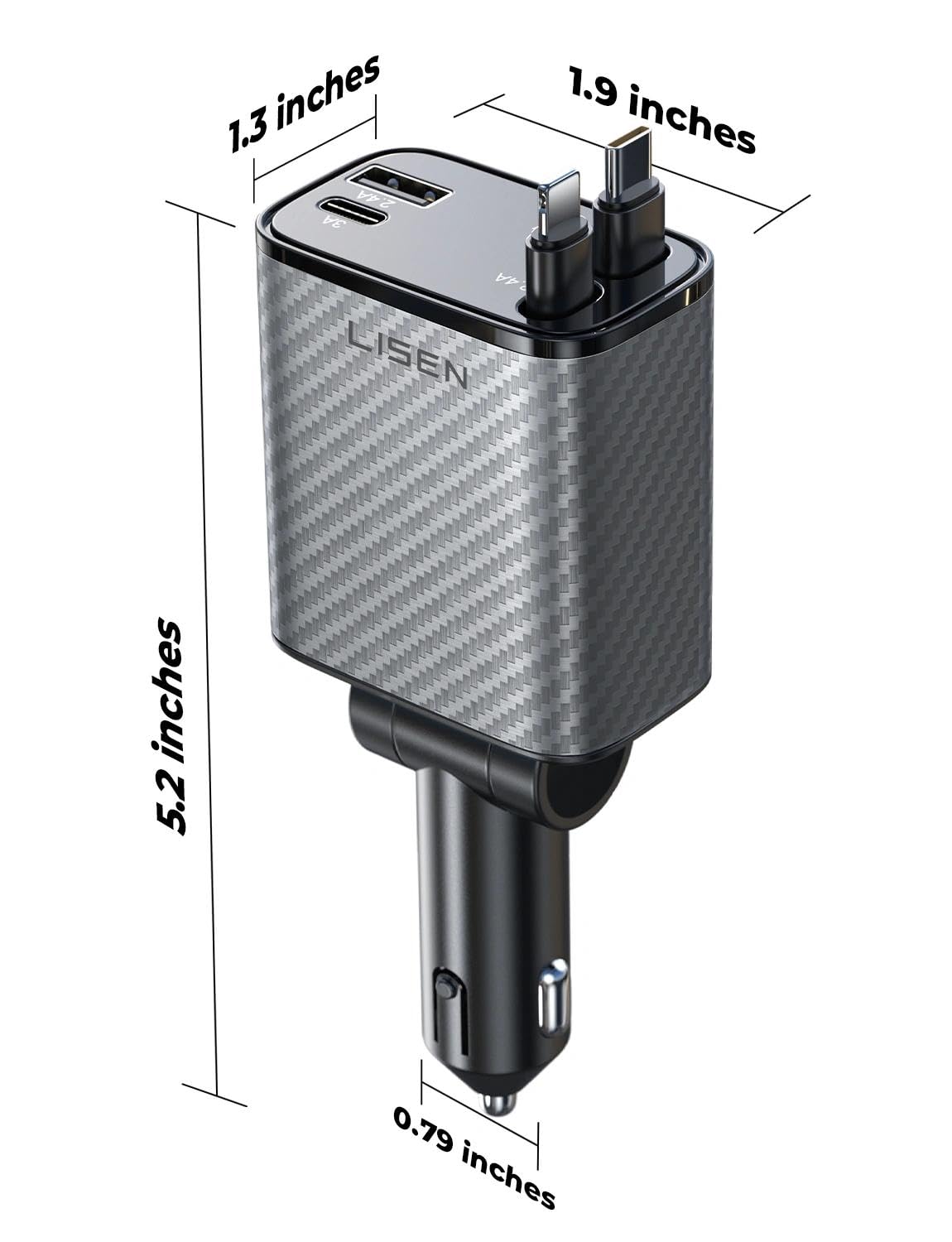 LISEN Retractable Car Charger, 84W Car Charger USB C Fast Charger Adapter for iPhone, Car Accessories for Men Women, Gifts for Fathers Day for Men Dad Husband, for iPhone 17 16 15 14 13 12 11 Samsung