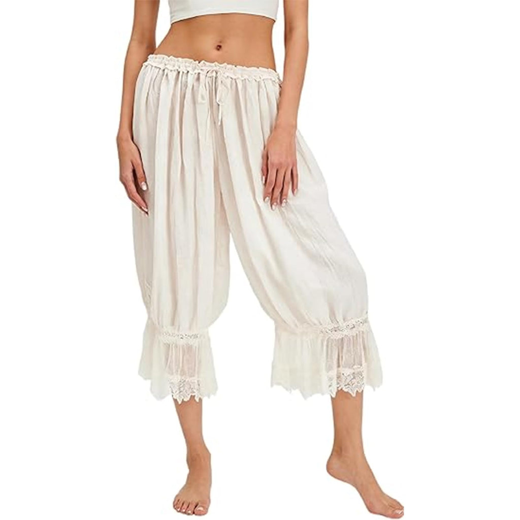 Women Bloomers Pants Y2K Flare Lace Trim Vintage Pantaloons Cute Ruffled Pumpkin Pants Capri Pajama Bottoms