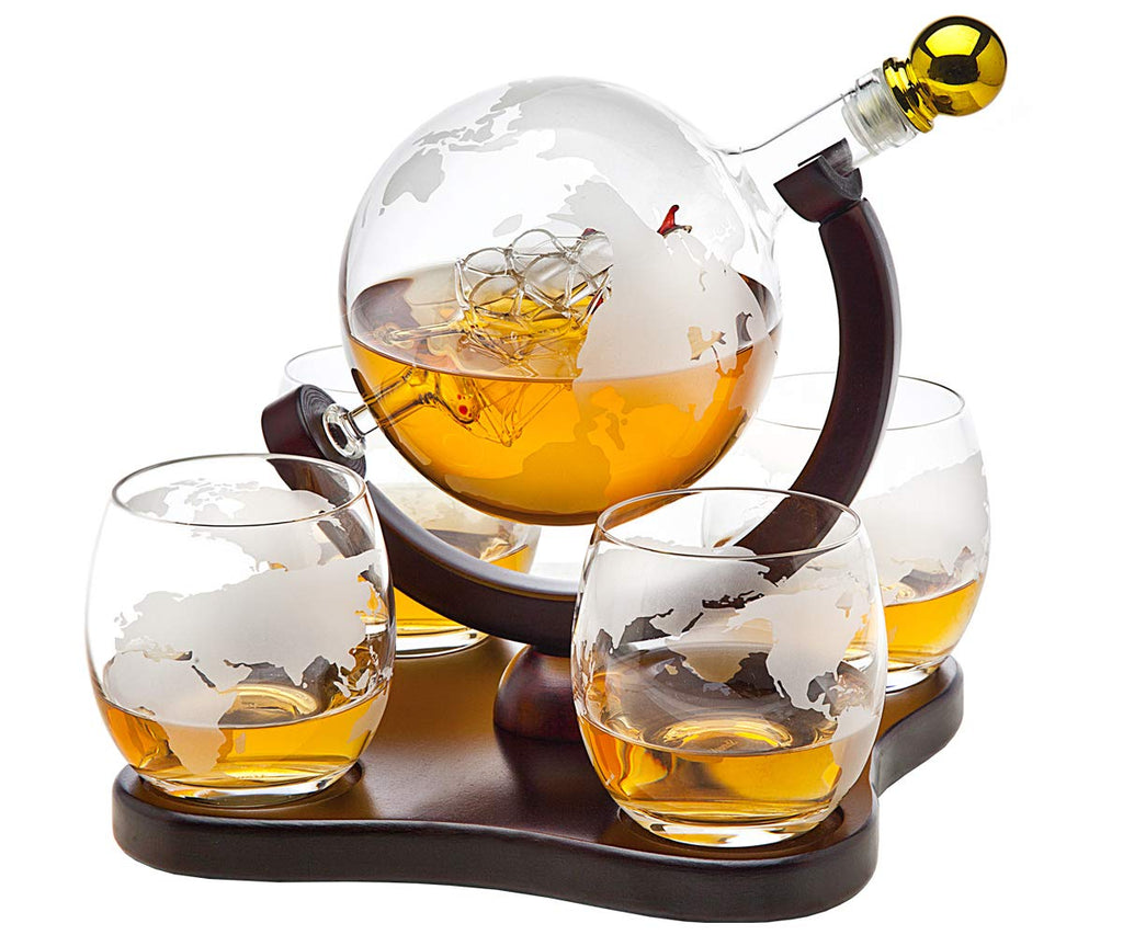 Godinger Whiskey Decanter Globe Set with 4 Etched Glasses for Liquor, Scotch, Bourbon, Vodka, Gifts for Men - 850ml Clear