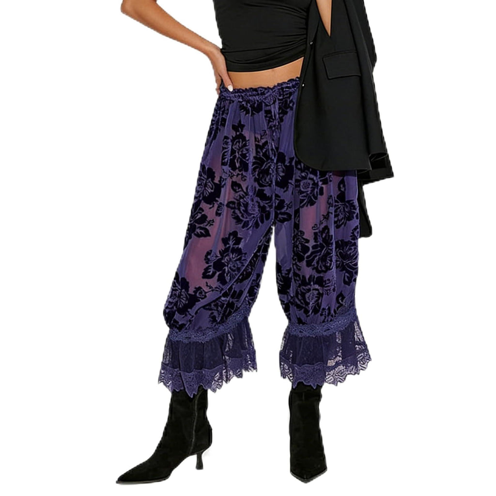 Women Lace Trim Long Bloomers Y2k Elastic Mid Rise Floral Ruffle Pantaloons Flared Slips Pants Pajama Bottoms