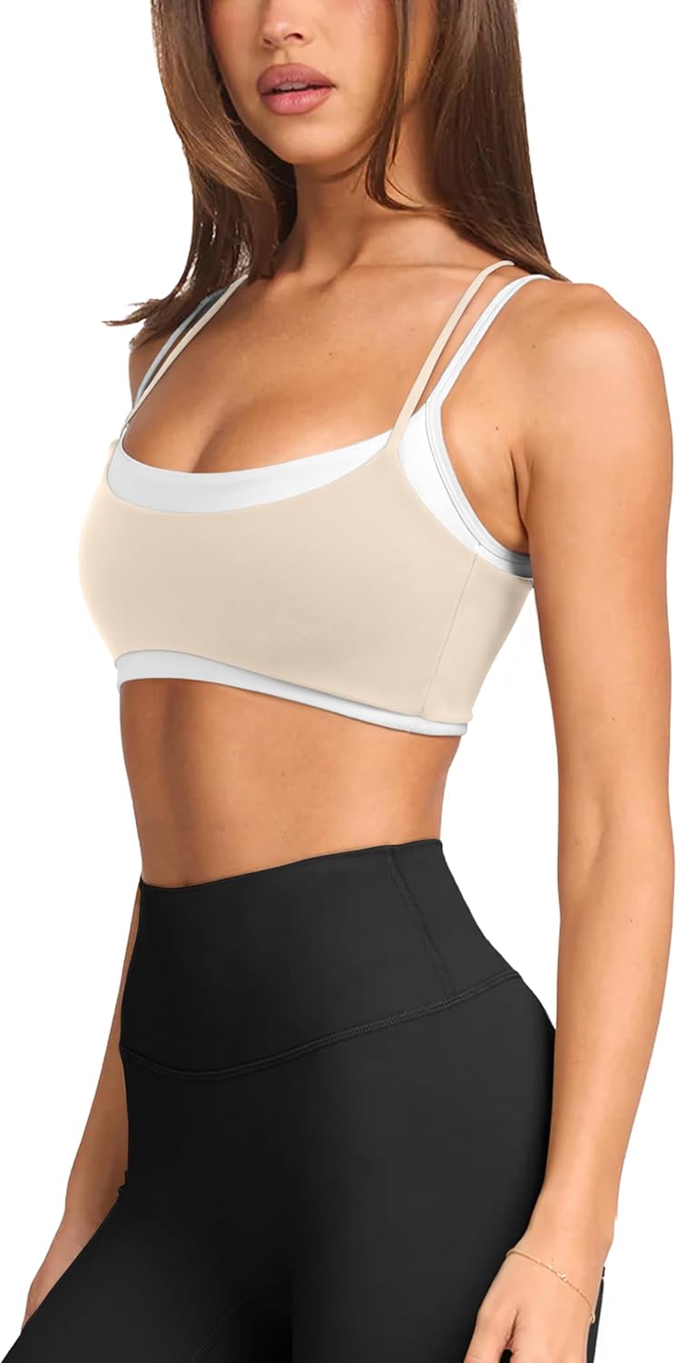 LASLULU Womens Double Layered Sports Bra Adjustable Spaghetti Straps Sexy Scoop Neck Wireless Padded Workout Yoga Crop Tops