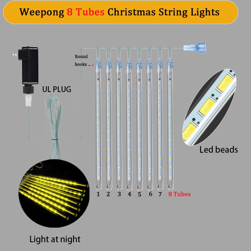 Weepong Halloween Lights Outdoor, Meteor Shower Christmas Lights for Halloween Decorations, 8 Tube 192 LED Snow Falling Rain Icicle String Light for Xmas Christmas Decor Tree Party, UL Plug Green