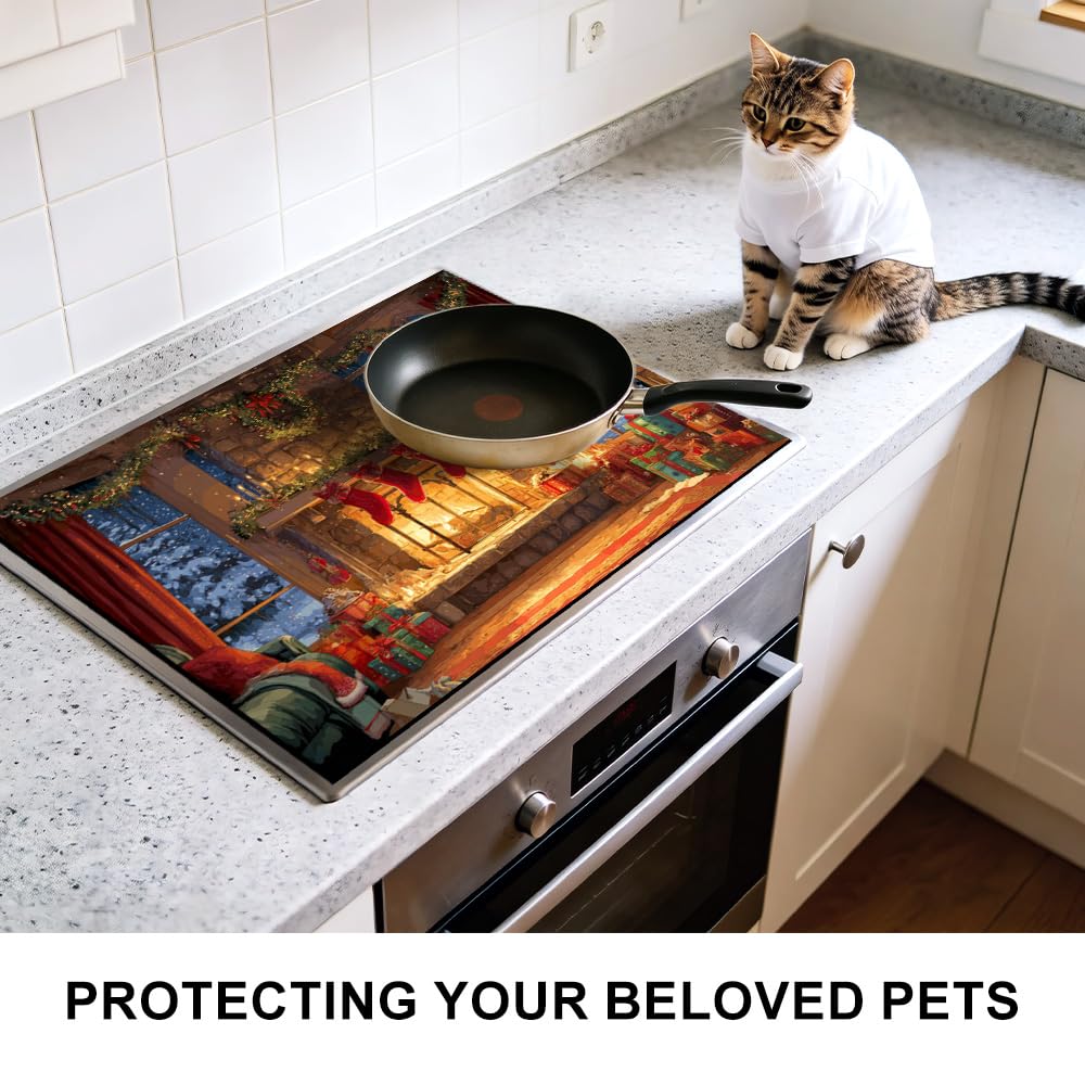 Stove Mat 28.35 x 20.47 Inch Christmas Fireplace and Tree Design Cozy Living Room Holiday Scene Decorative Kitchen Countertop Cover Reusable Flexible Mat for Gas Range Electric Stove Home Winter Décor