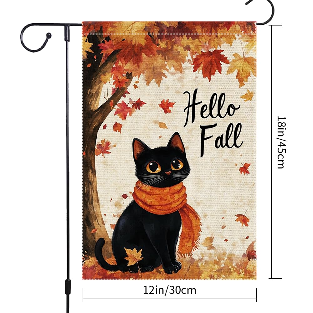 Hello Fall Garden Flag Cat Garden Flags 12x18 Inch Double Sided Vertical Autumn Farmhouse Home Decor Yard Lawn Outdoor Decorations