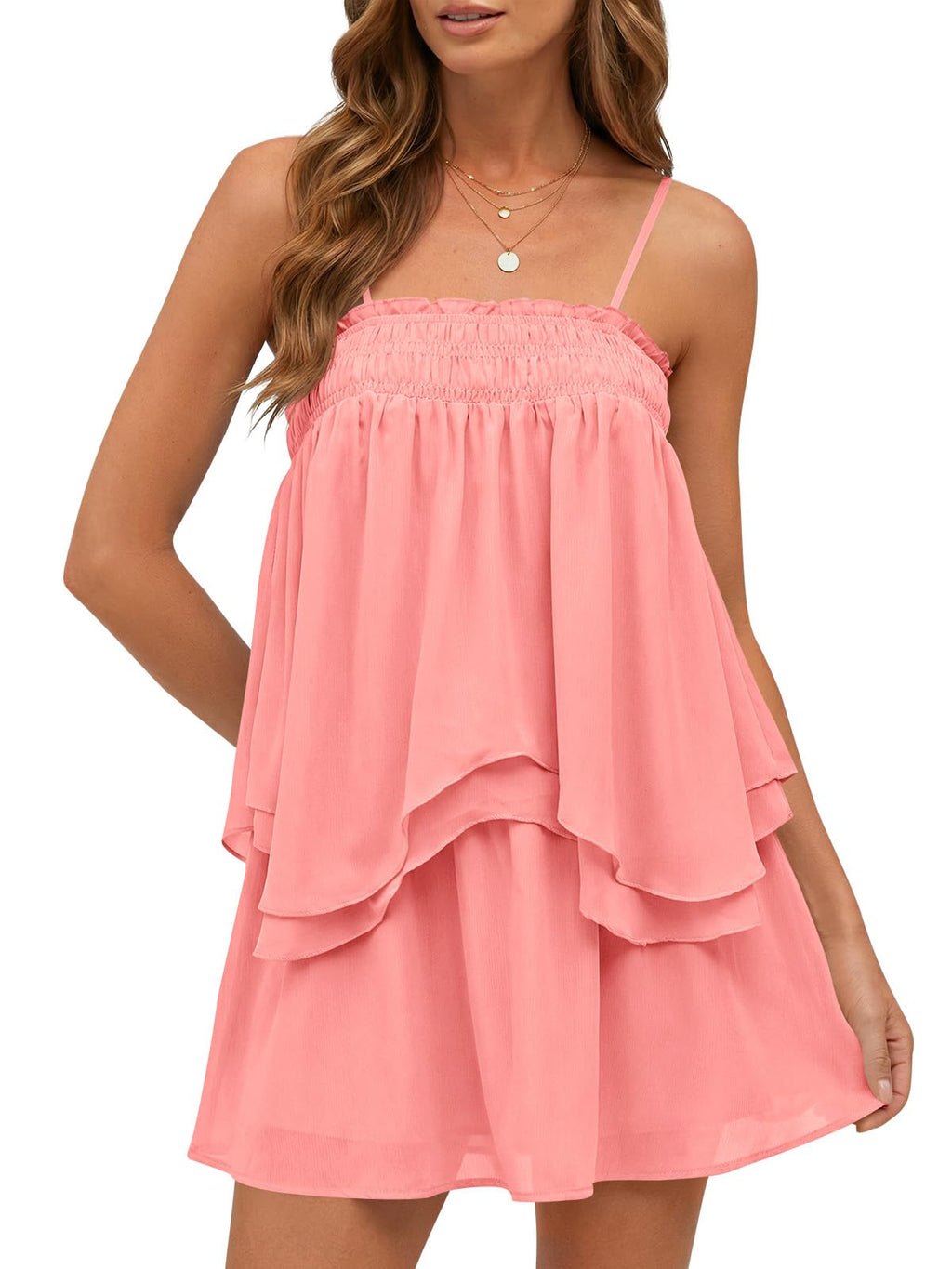 Wenrine Womens Summer Two Piece Skirt Sets Casual Smocked Cami Tops Mini Skirts Ruffle Tiered Flowy Vacation Set