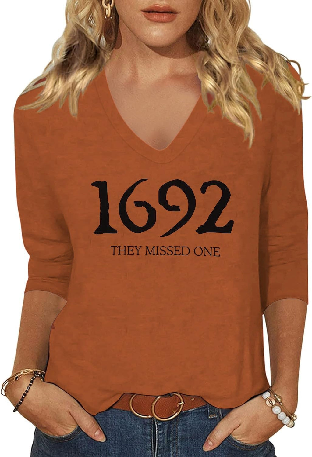 Women's Fall Halloween V Neck Shirt, Hocus Focus Graphic Tee | 3/4 Sleeve, Vintage, Funny Family Party Matching,Casual Holiday Tops,Spooky Season Tee