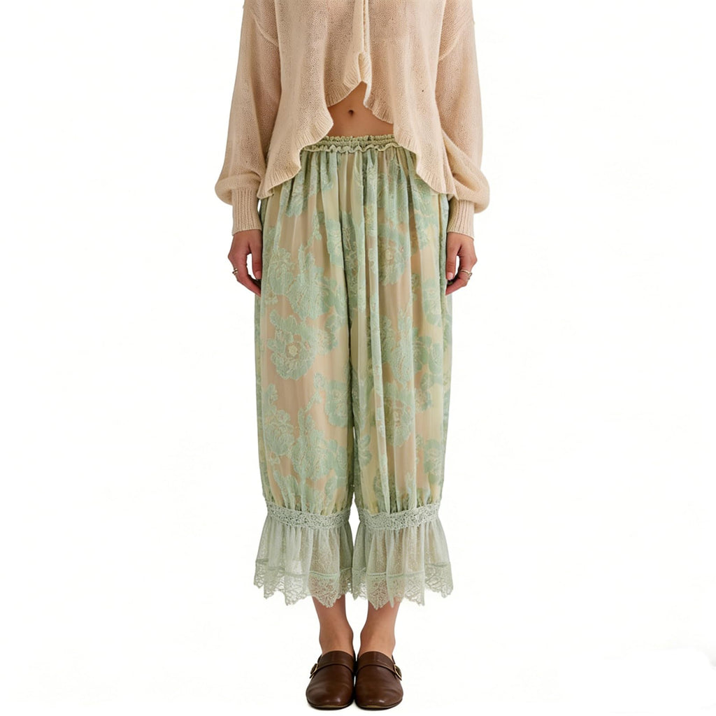 Women Lace Trim Long Bloomers Y2k Elastic Mid Rise Floral Ruffle Pantaloons Flared Slips Pants Pajama Bottoms