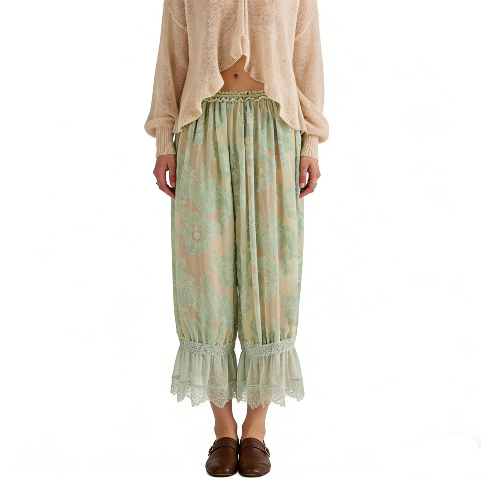 Women Lace Trim Long Bloomers Y2k Elastic Mid Rise Floral Ruffle Pantaloons Flared Slips Pants Pajama Bottoms