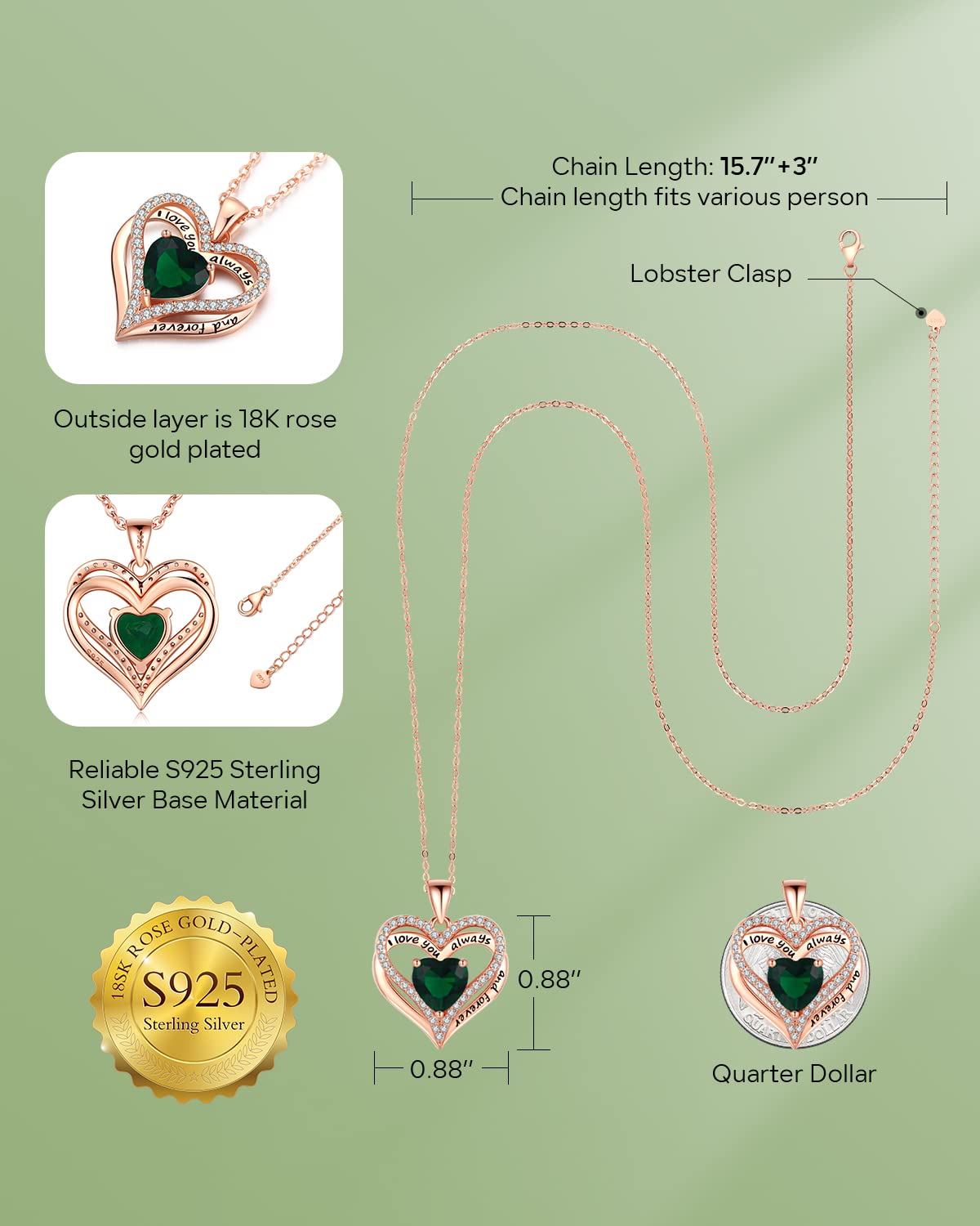 S925 Sterling Silver Necklace for Women, Wife Jewelry Rose Gold, Mom Birthday Valentines Mothers Day Gifts, Girlfriend Necklaces, Daughter Heart Jewel, Anniversary for Her