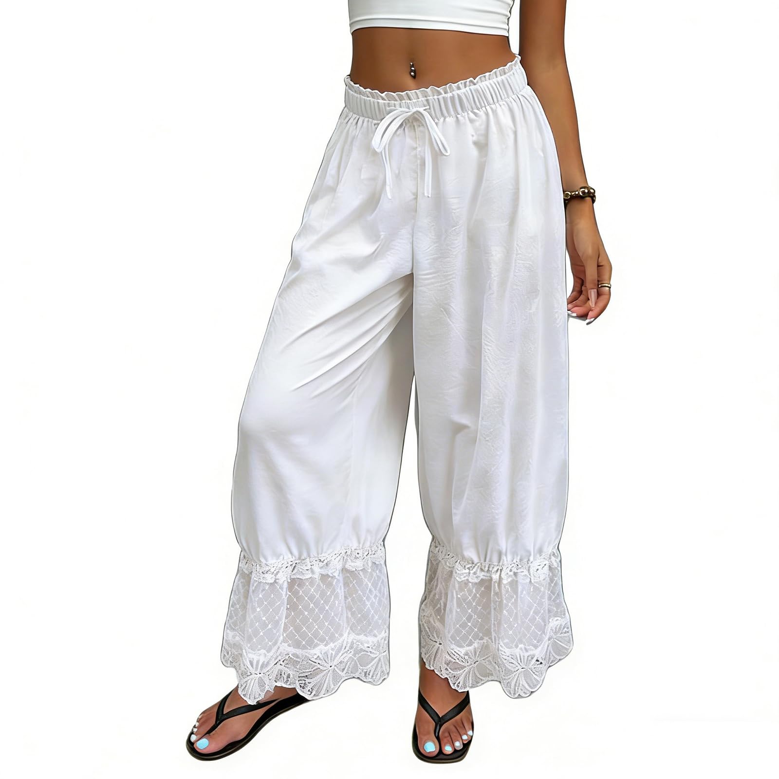 Women Bloomers Pants Y2K Flare Lace Trim Vintage Pantaloons Cute Ruffled Pumpkin Pants Capri Pajama Bottoms