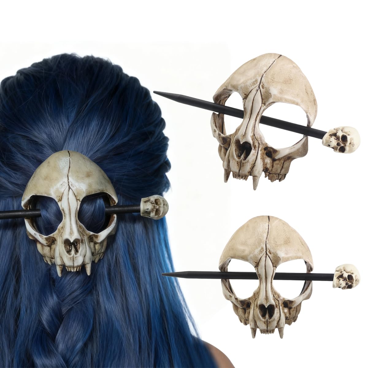 Cat Skull Hair Stick, Gothic Feline Skull Resin Bone Hair Slide Barrette for Women, Cat Skull Hair Clip Halloween Cosplay Witchcore Hairpin, Spooky Updo Holder (1 Piece)