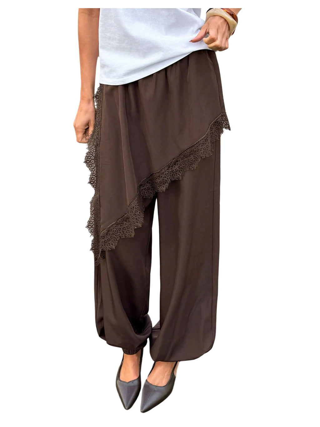 GORGLITTER Women's Satin Skirt Pants Lace Trim High Waisted Asymmetrical Hem Balloon Pants