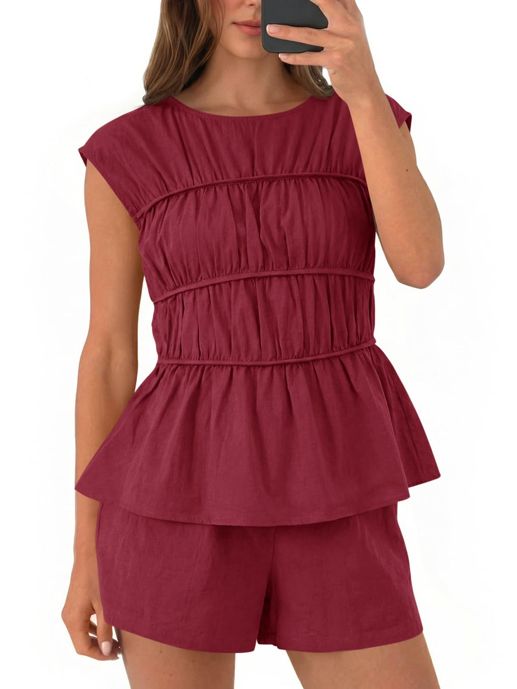 Tankaneo Womens Summer Smocked 2 Piece Short Sets Cap Sleeve Babydoll Peplum Blouse Casual Matching Set Vacation Outfits