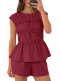 Tankaneo Womens Summer Smocked 2 Piece Short Sets Cap Sleeve Babydoll Peplum Blouse Casual Matching Set Vacation Outfits