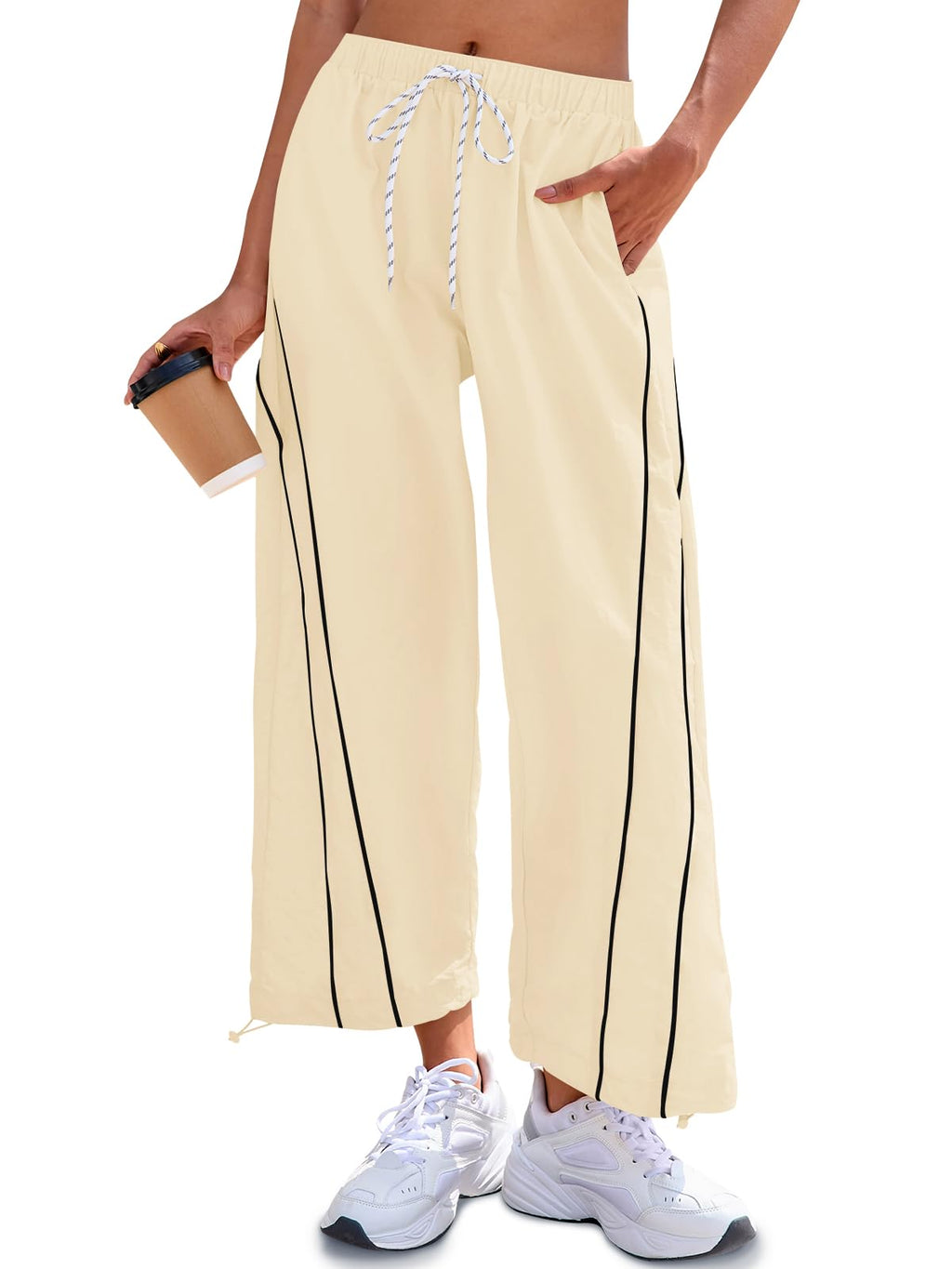 Fisoew Womens Baggy Wide Leg Pants Casual Elastic Waist Drawstring Hiking Workout Cropped Pants with Pockets