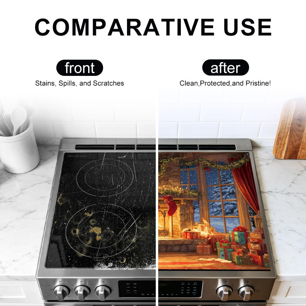 Stove Mat 28.35 x 20.47 Inch Christmas Fireplace and Tree Design Cozy Living Room Holiday Scene Decorative Kitchen Countertop Cover Reusable Flexible Mat for Gas Range Electric Stove Home Winter Décor
