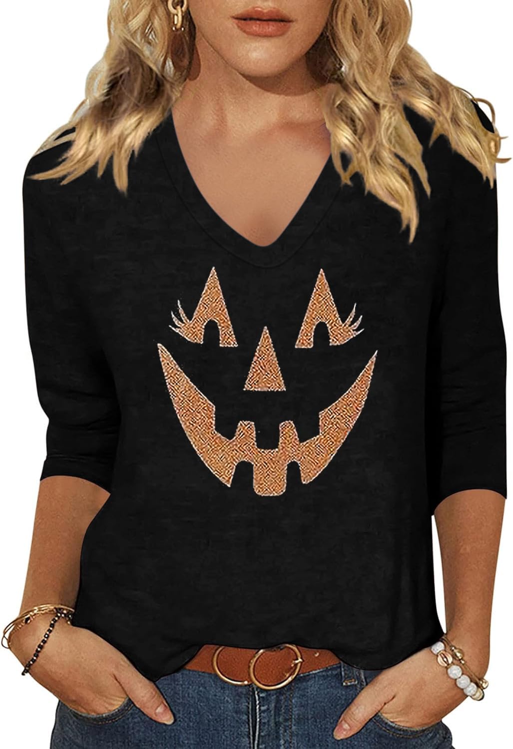 Women's Fall Halloween V Neck Shirt, Hocus Focus Graphic Tee | 3/4 Sleeve, Vintage, Funny Family Party Matching,Casual Holiday Tops,Spooky Season Tee