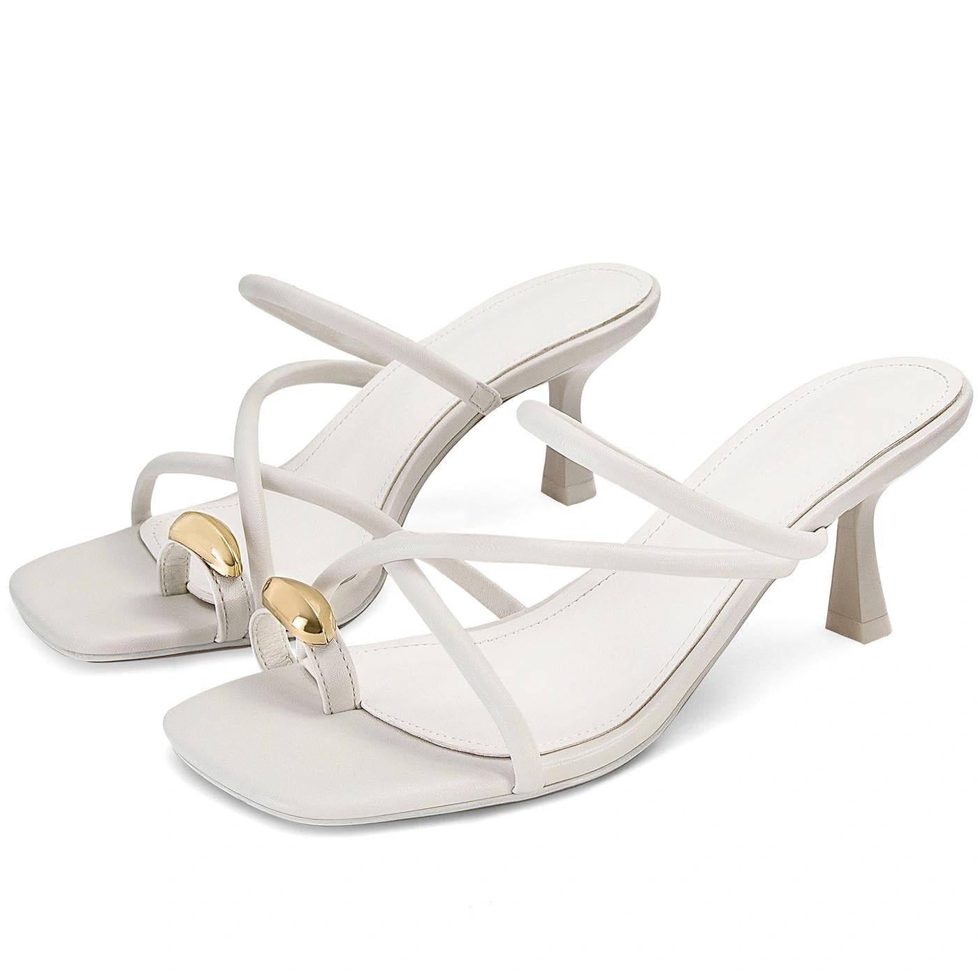 Dsevht Strappy Kitten Heel Sandals Toe Ring Flip Flop Stiletto Low Short Thong Heels Slip On Square Open Toe Summer Dress Shoes for Women
