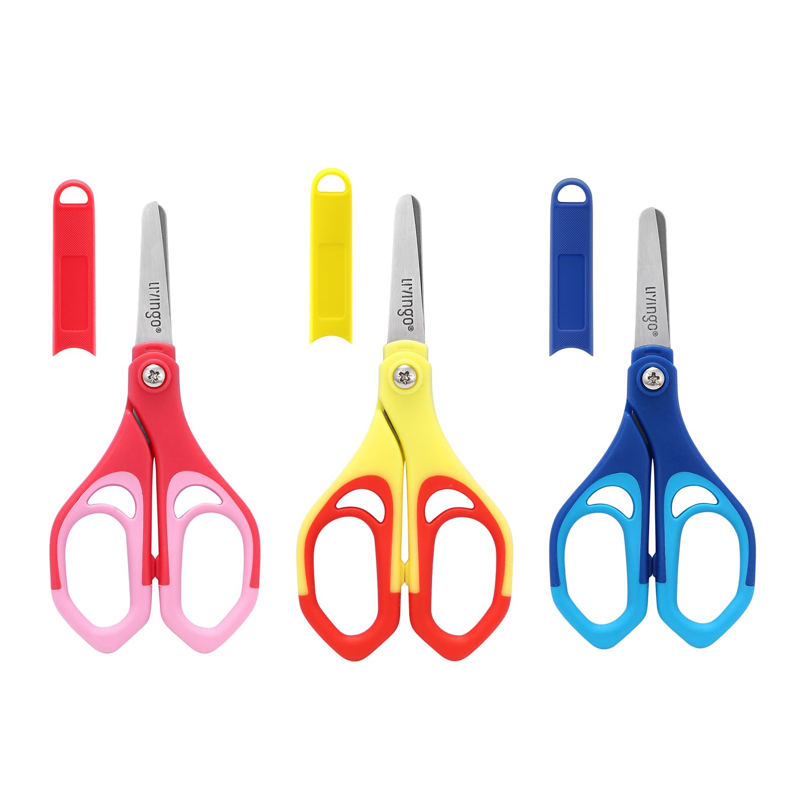 LIVINGO 5" Small School Student Blunt Kids Craft Scissors, Sharp Stainless Steel Blades Safety Comfort Grip for Children Cutting Paper, Assorted Color, 3 Pack
