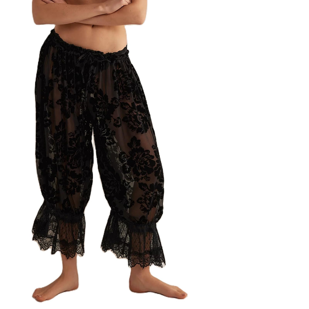 Women Lace Trim Long Bloomers Y2k Elastic Mid Rise Floral Ruffle Pantaloons Flared Slips Pants Pajama Bottoms