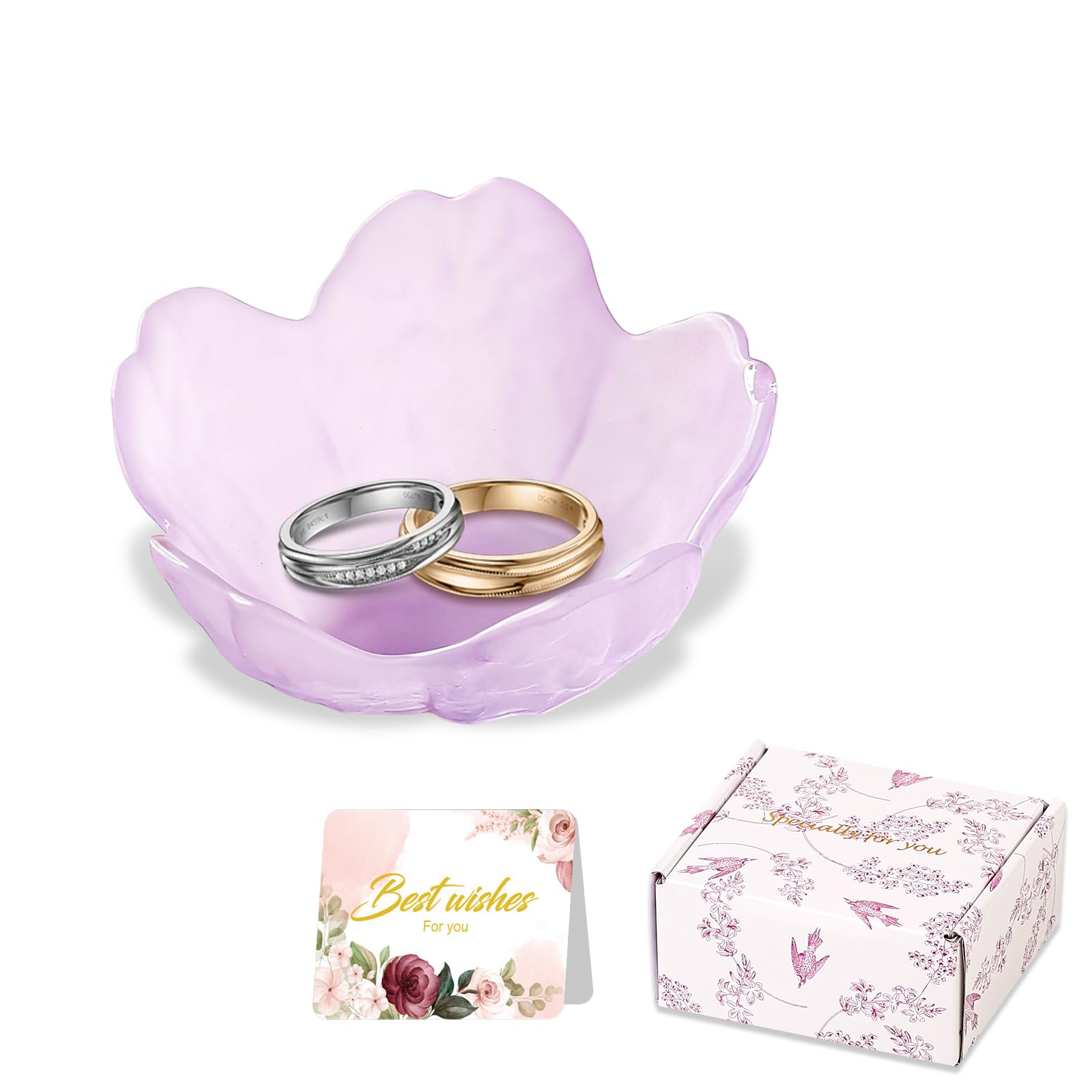 Purple Flower Jewelry Dish Glass Ring Holder Dish Jewelry Tray Cute Vanity Organizer Aesthetic Nightstand Bathroom Room Decor Trinket Dish Mothers Day Friendship Christmas Birthday Gifts for Women