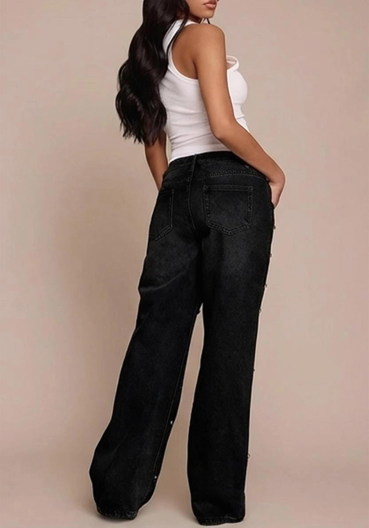 Unybwonn Women Straight Leg Jeans Rhinestone High Waisted Wide Leg Pearl Denim Pants Bling Glitter Studded Y2k Trousers