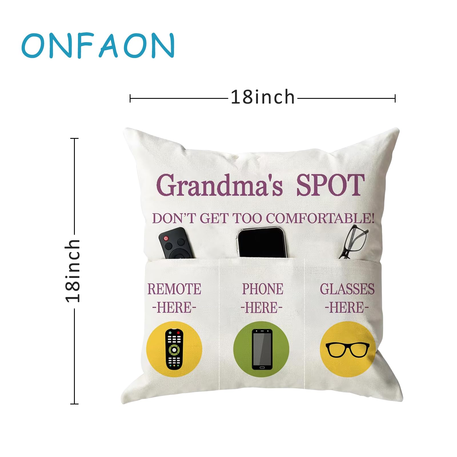 ONFAON Grandpa Gifts,Grandpa's Spot Throw Pillow Covers 18x18 Inch,Put Phone Glasses and Remote Control Pillowcase,Birthday Christmas Thanksgiving Day Gifts for Grandpa Stepdad,3-Pocket